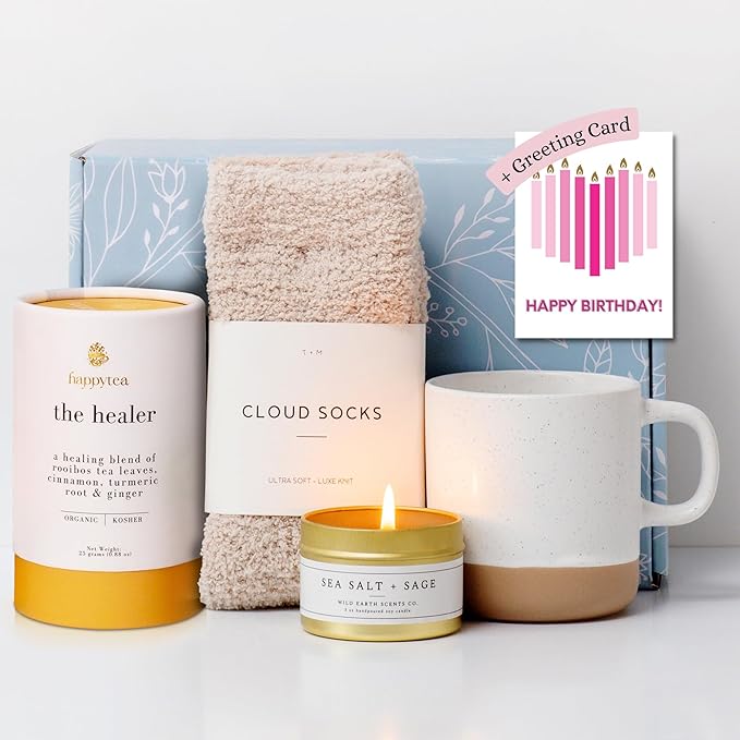 Unboxme Deluxe Birthday Care Package for Women - Fluffy Socks, Mug, Lemon & Ginger Tea Set, Scented Candle & Greeting Card - Birthday Gift Boxes for Women - Birthday Sets for Women Gift