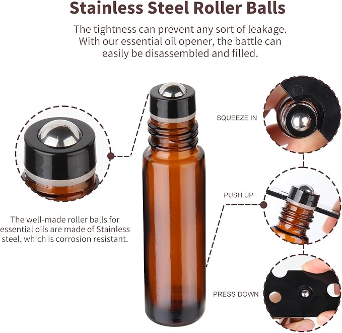 Hyber&Cara 10ml Glass Roll-on Bottles – 6-Pcs Essential Oil Roller Bottles with Stainless Steel Roller-Balls, Perfect for Fragrance & Aromatherapy (Includes 2 Bottle Opener, 1 Sticker, and 2 Funnel)
