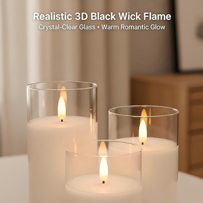 ANGELLOONG Glass Flameless Candles with Remote, White Battery Operated Candles with Timer, Electric Fake LED Candles for Bedroom Farmhouse Bathroom Coffee Table Decor, Clear