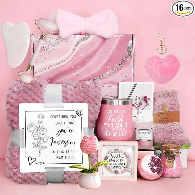Self Care Gifts Baskets Women, 16PCS Get Well Soon Gift Box Relaxing Spa Set Care Package for Birthday, Valentines Day, Mothers Day, Christmas Gifts for Mom Girlfriend Sister Wife Grandma (Pink)
