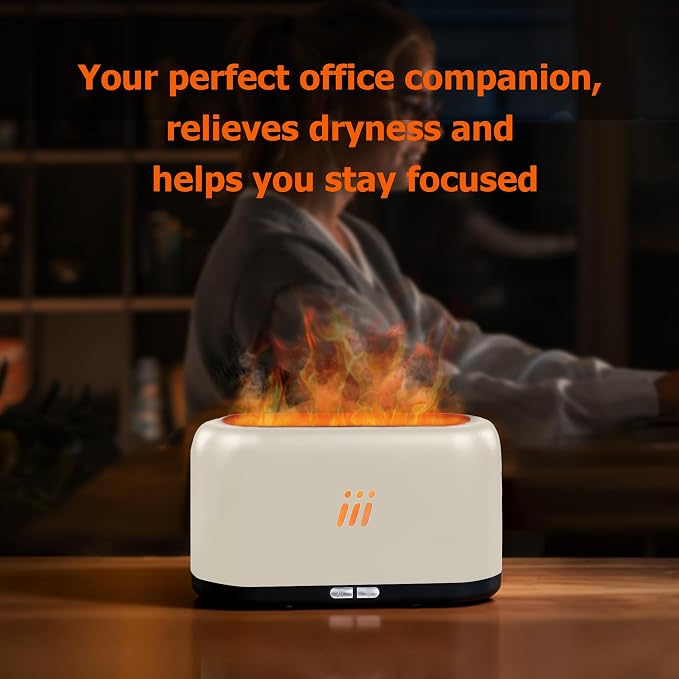 Flame Diffuser for Essential Oils, 180ml Aromatherapy Diffuser with Flame Effect, Quiet Cool Mist Humidifier, Auto-Off, Small Oil Diffuser for Home, Office,Bedroom, Gifts (White)