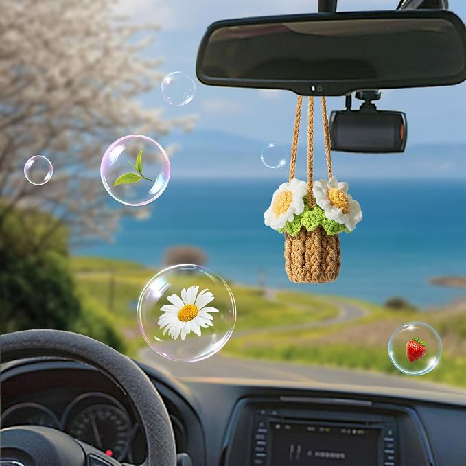 Crochet Car Air Freshener, Empty Refillable Oil Diffuser Bottle with Hanging Crochet Plant for Car Rearview Mirror Decor, Handmade Home and Office Decor (Daisy)