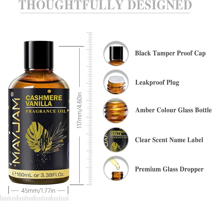 Cashmere Vanilla Fragrance Oil Essential Oil, MAYJAM 3.38FL.OZ Cashmere Vanilla Oil for Diffusers for Home, Long Lasting Scented Oils for Soap Candle Making - 100ML