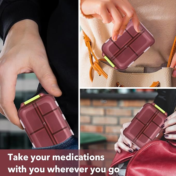 Medicine Pill Organizer with 189 Labels, 10 Compartments Travel Pill Box, Mini Case, Compact Container for Purse (Brown)