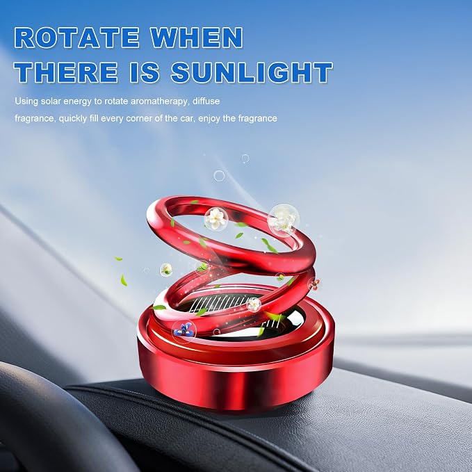 Solar Rotating Car Air Freshener, Solar Energy Refillable Car Dashboard Aromatherapy Ornament, Double Ring Fragrance Diffuser Decorative Accessories for Vehicle Home Office (Red)