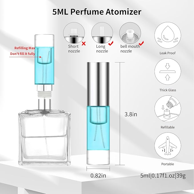 MUB Perfume Travel Refillable Atomizer Bottle 5ml Glass Overmolding Unique Top-Filling Leak-Proof Spray Bottle Atomizer Sprayer for Perfume Cologne Mini Travel Size Empty Pocket Portable - blue