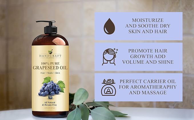 Handcraft Blends Grapeseed Oil | 100% Pure and Natural | Bath & Body Oil | Premium Grade Carrier Oil | Skin | Hair | Body | Massage | Cold-Pressed | Hexane-Free | 16 Fl Oz (Pack of 2)