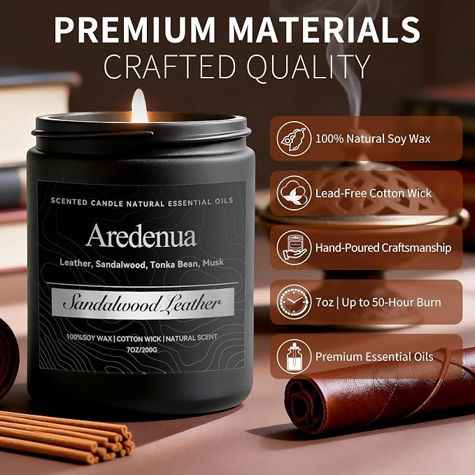 Sandalwood Leather Candle, Manly Candles for Home Scented, Masculine Aromatherapy Gifts for Men - 7oz Soy Candle, 50 Hours Burn Time, Perfect for Relaxing Home Fragrance