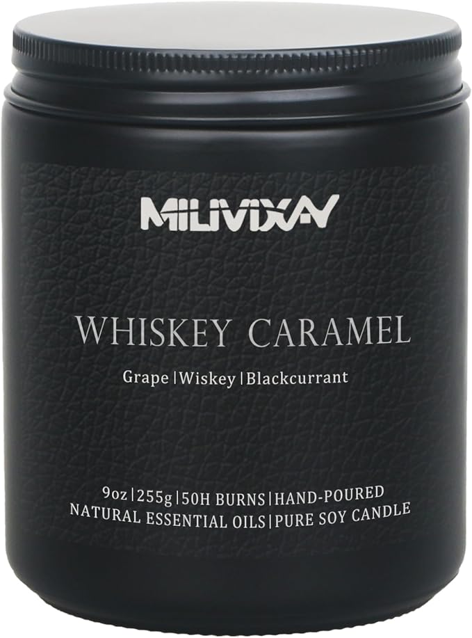 MILIVIXAY Candle for Men Whiskey Caramel Scented Classic 9oz Jar Single Wick Candle, Soy Wax Candles for Consistent Burn, Over 50 Hours of Burn Time, Ideal for Creating Relaxing & Holiday Gifting.