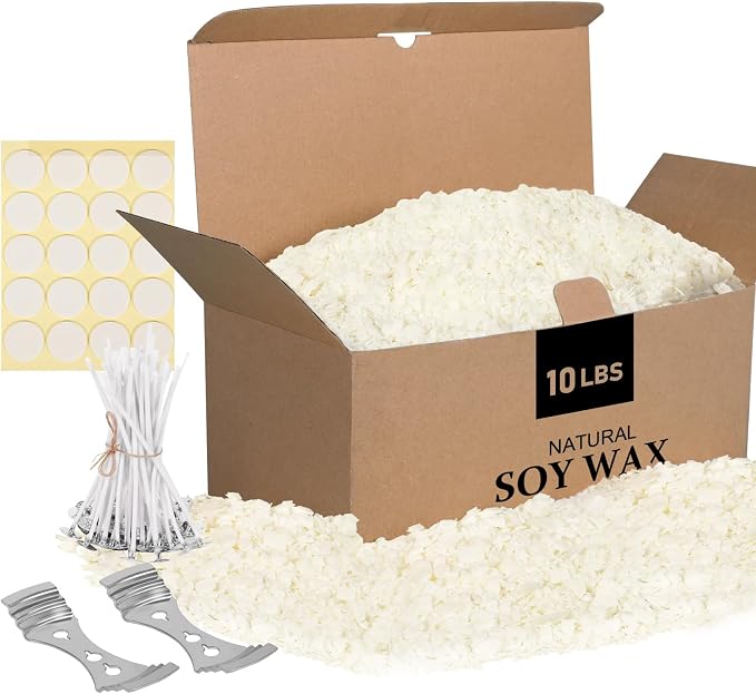 SAEUYVB Natural Soy Candle Wax for Candle Making, 10lb Bag, Premium Soy Wax Flakes, 20 Cotton Candle Wicks, 20 Wick Stickers and 2 Centering Devices ﻿