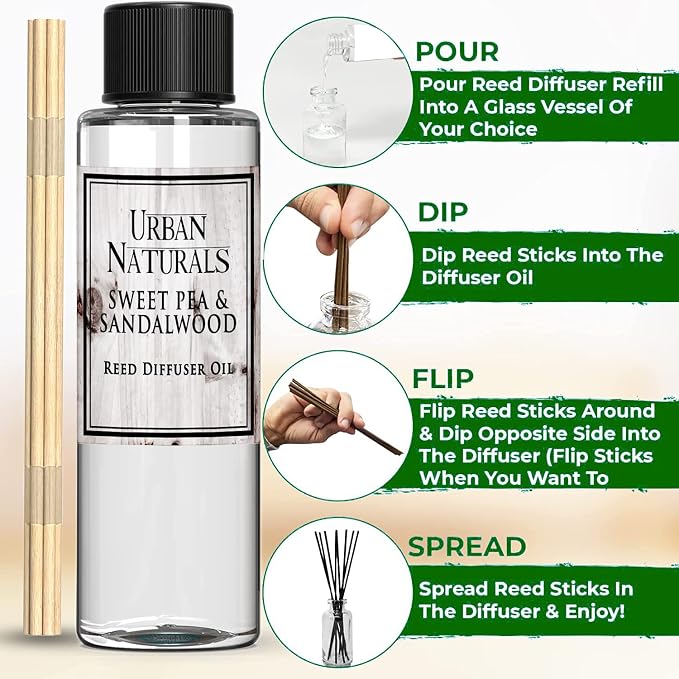 Urban Naturals Reed Diffuser Oil Refill, Sweet Pea & Sandalwood Diffuser Oils with Jasmine, Berries, Sweet Pea, 4 oz + Free Reed Sticks, Made in the USA
