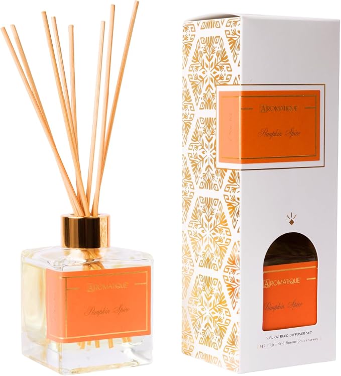 Aromatique Reed Diffuser Set - Pumpkin Spice Notes of Maple, Pumpkin, Cinnamon, Clove, Nutmeg, Cherry, Balsam Aromatherapy Scented Air Freshener Deodorizer Oil Fragrance Living Room Home Decor Gifts