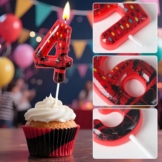 Red Number 14 Birthday Candle for Cake – Dark Horror Style with Alphabet Print & Shadow Design – Unique Cake Topper for Birthday, Anniversary, Themed Party Decoration