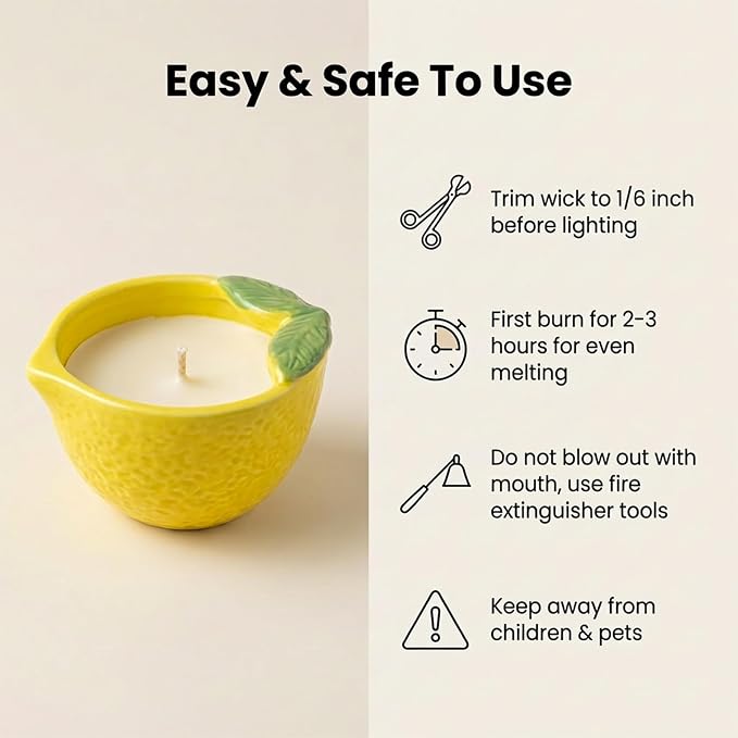 Lemon Scented Candle – 4.23 oz (120g) Natural Soy Wax, 30-Hour Clean Burn, Lemon-Shaped Ceramic Jar, Home Fragrance & Thoughtful Gift for Home (Yellow)