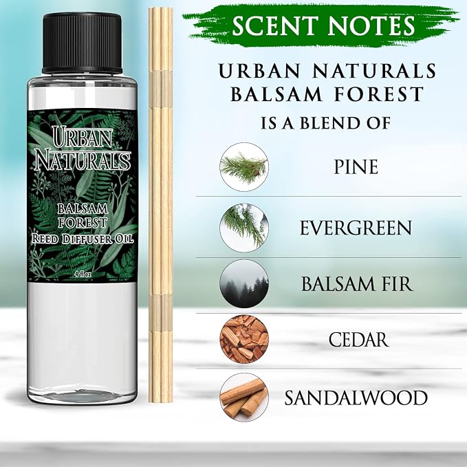 Urban Naturals Balsam Forest Reed Diffuser Oil Set - Real Juniper and Pine Cones – Fragrance Notes of Fraser Fir, Evergreen, Pine, Woodsy Cedar and Sandalwood – Vegan 3.75 Ounces – Made in the USA