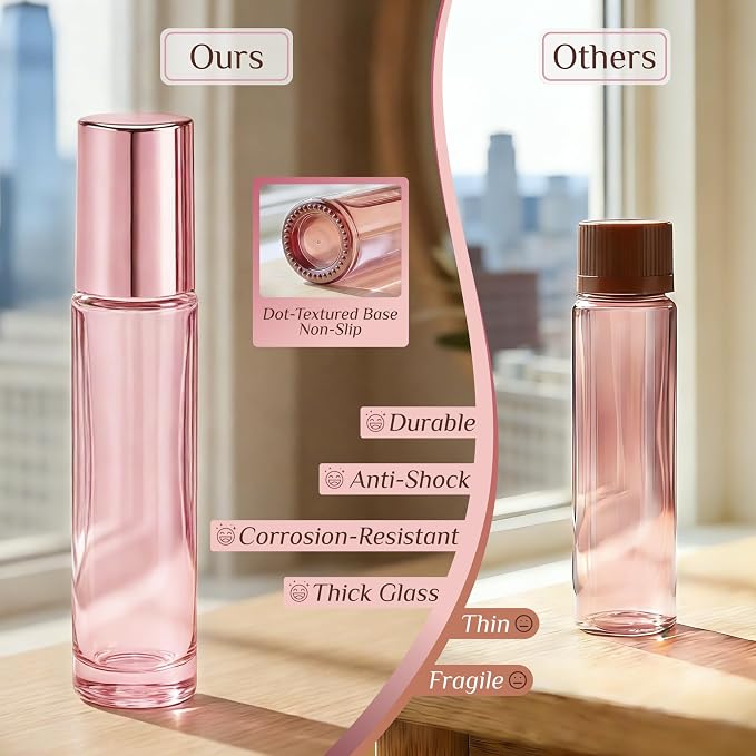 PrettyCare 24 Pack, 10 ml Essential Oil Roller Bottles with Stainless Steel Roller Ball - Refillable Leak-proof Empty Thick Pink Glass Roll on Bottles with Pink Caps for Travel, Perfume