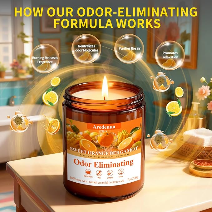 Sweet Orange Bergamot Odor Eliminating Candle | Eliminates 95% of Pet, Smoke, Food & Other Smells – Fresh Air Scented Candle Gentle for Family - Up to 50 Hour Burn time - 7 Oz Natural Soy Wax