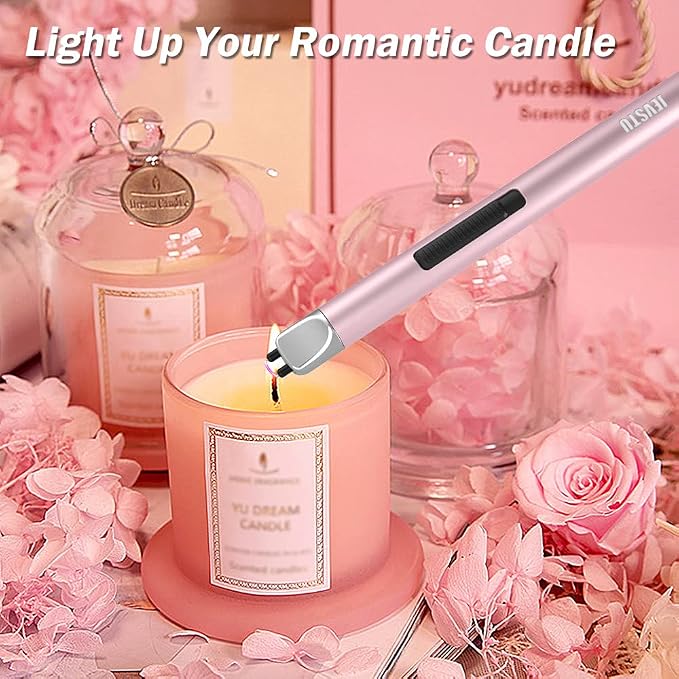 Candle Lighter, Electric Rechargeable USB Arc Windproof Flameless Plasma Lighter Long Stick with Rope and Ring, No Butane Fluid, Perfect for Candle BBQ Camping Kitchen Stove, Pink