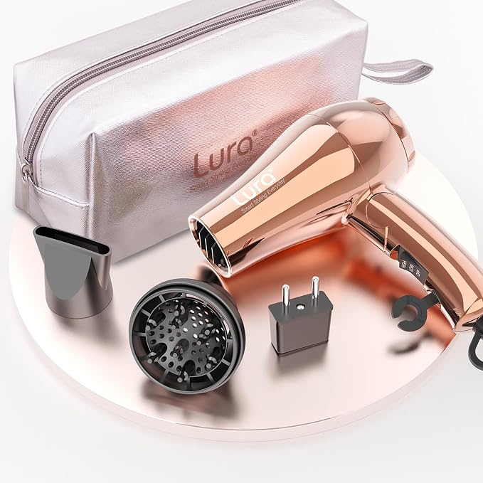LURA Mini Portable Travel Hair Dryer:Dual Voltage Small Lightweight Blow Dryer with EU Plug,1200W Compact Hairdryer with Folding Handle,with Concentrator&Diffuser Attachment,for Women and Men