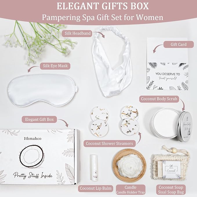Mothers Day Spa Gifts for Women, Bath and Body Gift Basket Birthday Gifts for Women, Mothers Day Coconut Home Spa Set Relaxation Self Care Gift for Woman Mom Wife Sister, Body Care Set for Friends
