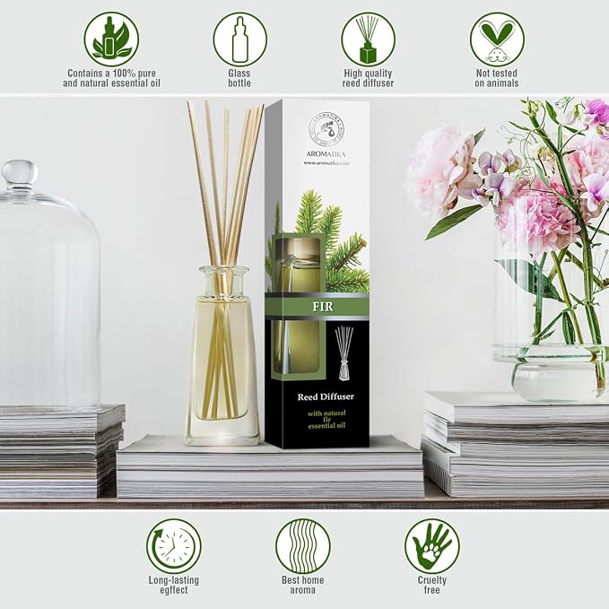 Pine Reed Diffuser 3.4 Fl Oz - Fresh & Long Lasting Coniferous Aroma - Pine Scented Diffuser - Home - Gift Set for Aromatherapy - Great Room Air Fresheners - Pine Tree Oil Diffuser
