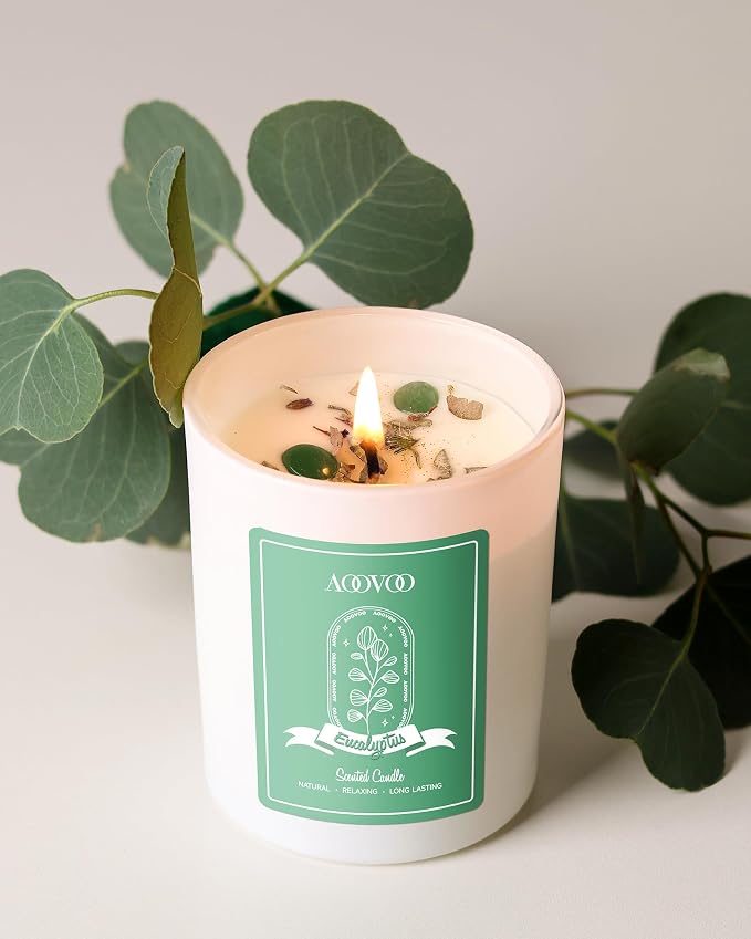 AOOVOO Eucalyptus Scented Candles for Women - Aromatherapy Candle with Crystals Inside, 7oz Soy Candles for Home Scented, Mothers Day Birthday Gifts Candle for Women Mom