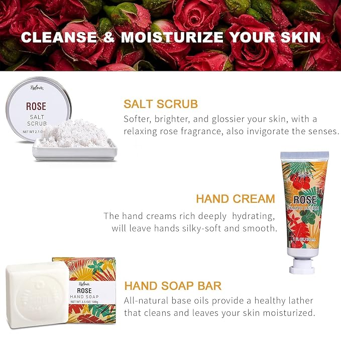 Spa Gifts for Women, Gift Set, Self Care Kit, Birthday Gifts, 5pc Rose Bath Sets Include Massage Oil, Bath Bomb, Salt Scrub, Soap, Hand Cream, Mother's Day Gifts for Mom