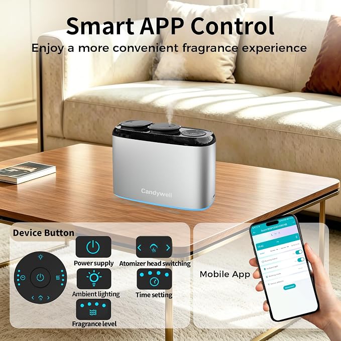 Smart Essential Oil Diffuser with Dual Nozzle & App Control, Waterless Diffuser for 1500 Sq Ft, with 4 Timer & 4 Mist Levels, Hotel Scent Diffuser for Home & Office
