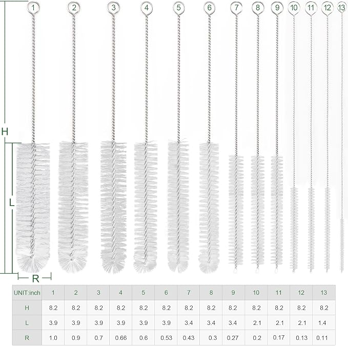 CiaraQ Bottle Cleaning Brushes, 8 Inch Nylon Tube Brush Set, Cleaner for Narrow Neck Bottles Cups with Hook, Set of 13pcs, White