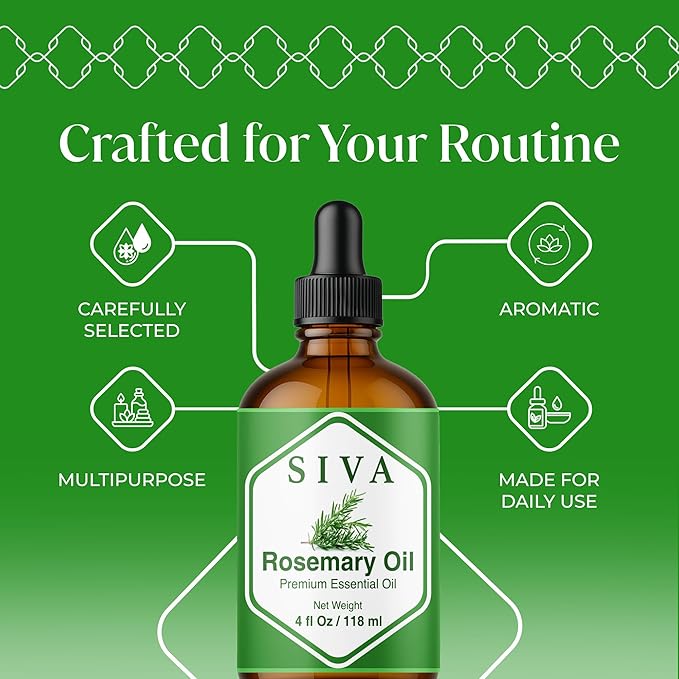 Siva Rosemary Essential Oil 4 Fl Oz – for Diffuser, Skin & Hair Care – Ideal for Aromatherapy, Massage & DIY Blends- with Dropper