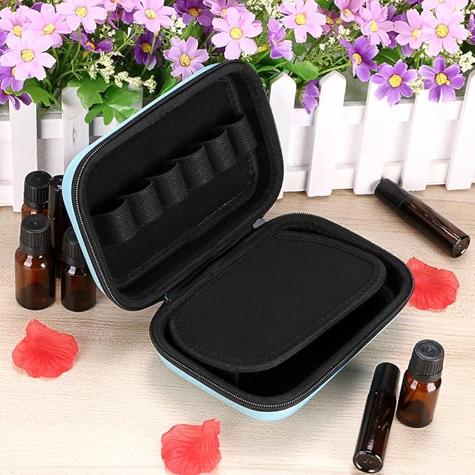 Hipiwe Hard Shell Essential Oil Carrying Case Holds 12 Bottles (Can hold 5ml, 10ml, &10ml Rollers) Travel Size Essential Oils Bag Organizer (Blue)