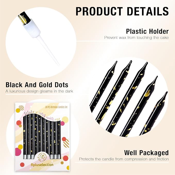 24-Count Black & Gold Birthday Candles, 5.5 Inch Long Thin Cake Candles for Wedding, Celebration, Birthday Party Cake Cupcake Decorations