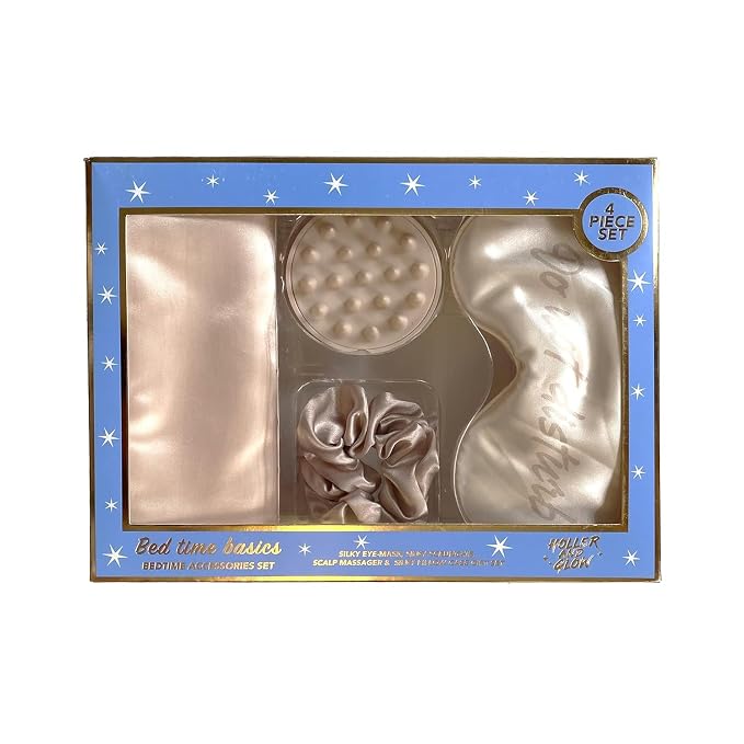 Holler And Glow Bedtime Basics Accessories Mother's Day Set, Limited Edition, Sleep Eye Mask, Silk Scrunchie, Hair Growth Scalp Massager, Satin Pillowcase, Beauty Sleep For Women, 4 Piece Gift Set