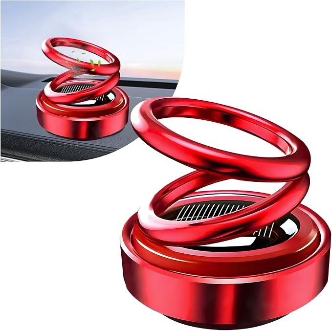 Solar Rotating Car Air Freshener, Solar Energy Refillable Car Dashboard Aromatherapy Ornament, Double Ring Fragrance Diffuser Decorative Accessories for Vehicle Home Office (Red)