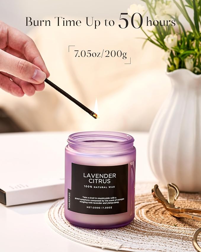 M&SENSE Lavender Citrus Scented Candles, 7.05oz Organic Soy Wax, 50 Hours Clean Burn, Non Toxic Candles for Home, Stress Relief Aromatherapy for Spa Housewarming Gift for Women Men
