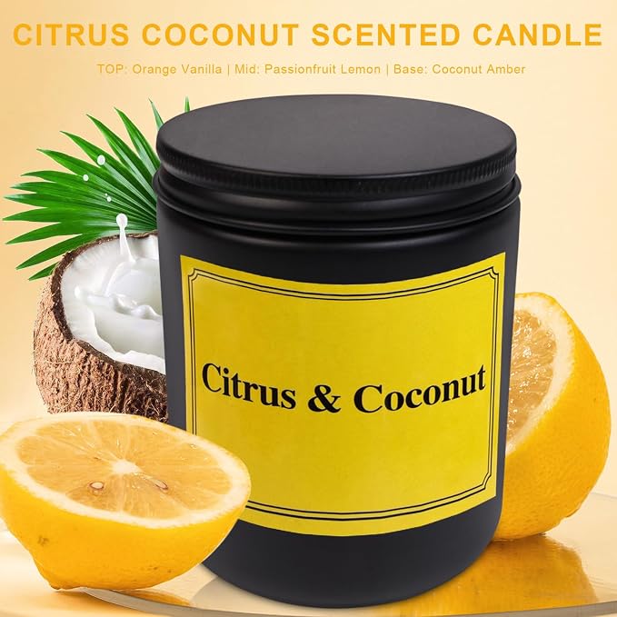 Citrus Coconut Scented Candle, Candles for Home Scented, Natural Soy Wax Candles, 7 oz Jar Candle, 40 Hours