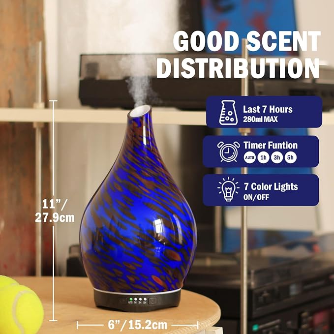 Porseme 280ml Essential Oil Diffuser Hand-Blown Glass Aroma Diffusor, Aromatherapy Unltrasonic Cool Mist deffuser, 7 Color Changing, Waterless Shut-Off, Timer Function for Home Office(Cobalt Blue)