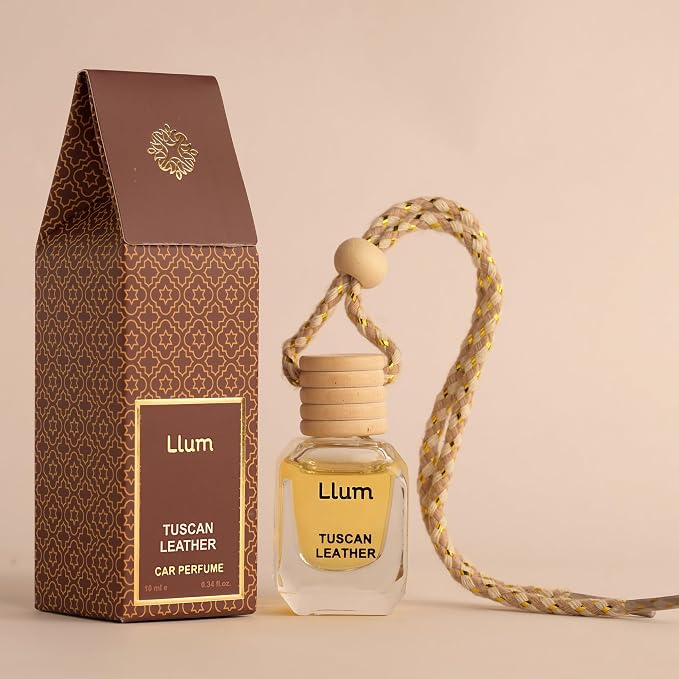 Llum Tuscan Leather Hanging Car Air Freshener – Luxury Automotive Perfume Diffuser 10ml (0.34 fl oz), Long-Lasting Fragrance, Alcohol-Free Non-Toxic Scent, Glass Bottle With Wood Cap