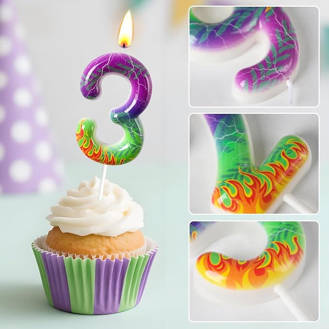 Number 3 Birthday Candle for Cake – Purple Green Flame Design with Lightning & Tire Track Pattern – Off-Road Truck Theme Cake Topper for Birthday Party Decoration
