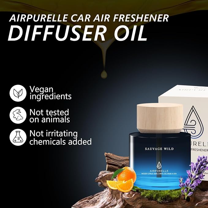 Car Air Freshener 50ML (1.7 FL OZ) Car Air Fresheners Diffuser, Woody Citrus Fragrance Oil Car Air Freshner, 180+ days Long Lasting Car Perfume, Wooden Cup Design, Made in USA