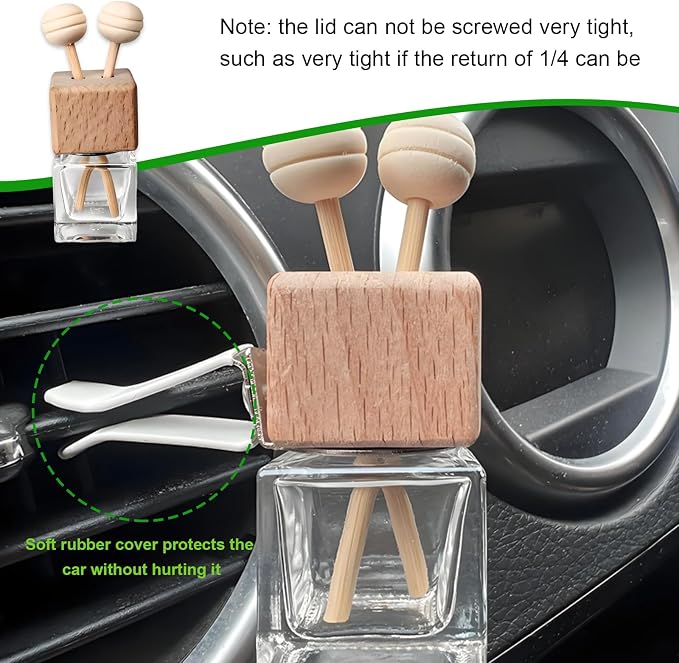 2PCS Car Diffuser Air Freshener Bottle, Empty Essential Oil Perfume Glass Bottle with Vent Clip, Wooden Clear Aromatherapy Fragrance Ornament Auto Decor, Interior Car Accessories
