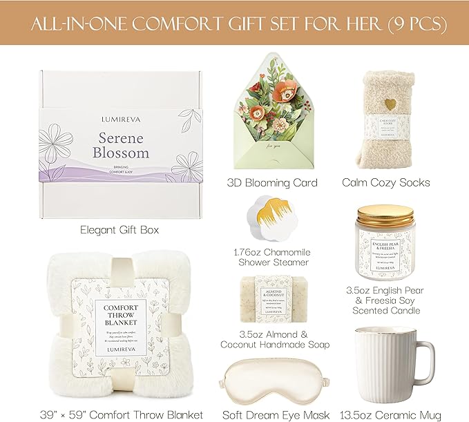 Lumireva Luxury Self Care Gift Basket for Women - Pampering Hug in a Box with Plush Blanket & Aromatherapy Candle, Elegant Birthday, Thank You & Anniversary Spa Set for Mom, Wife