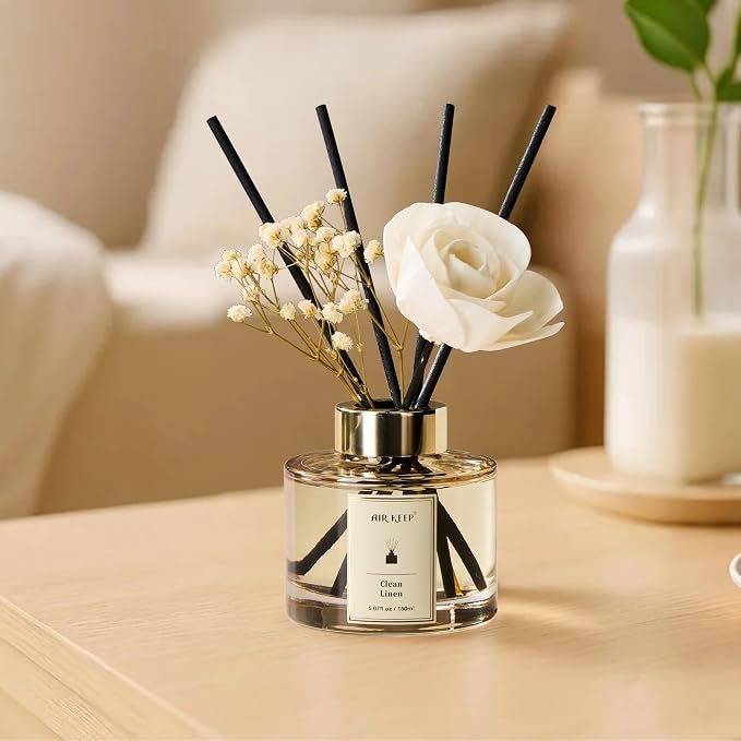 Airkeep Flower Reed Diffusers Set, 5.07 oz Clean Linen Scented Oil Diffuser with 8 Reed Sticks, Home Fragrance Diffuser Gift Set for Bathroom & Office Decor 150ml
