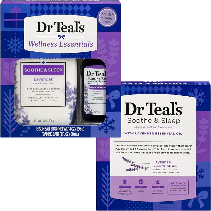 Dr Teal's Holiday Limited Edition Bath Gift Set | Epsom Salt Soak and Foaming Liquid, 14 oz Salt, 3 fl oz Bath (Lavender)
