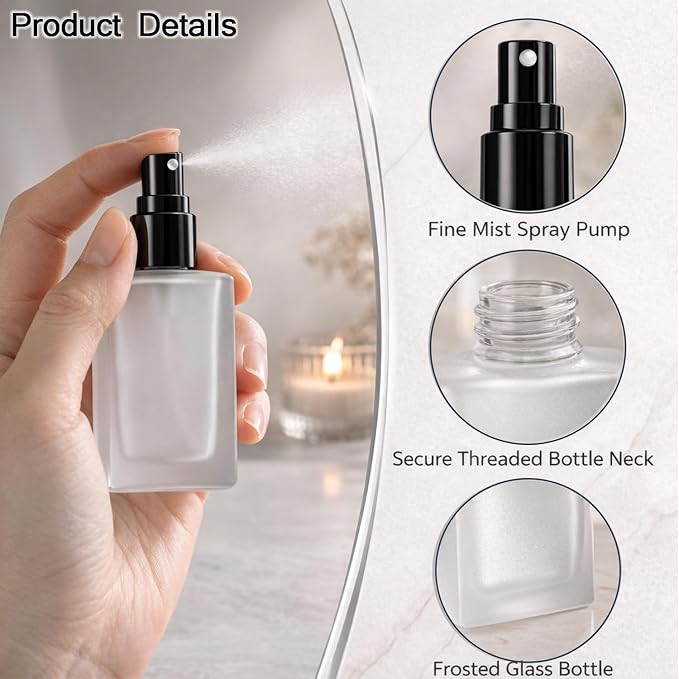 8Packs 15ml/0.5OZ Frosted Glass Perfume Spray Bottles Flat Square Refillable Fine Mist Atomizer with Black Cap Empty Travel Perfume Bottles for Essential Oils, Cologne, DIY Fragrance