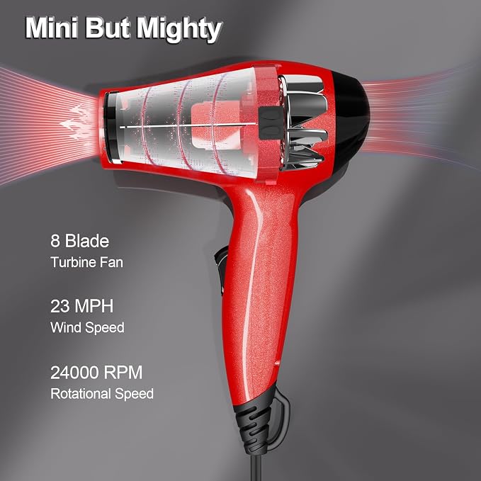 LURA Travel Hair Dryer with Diffuser,Small Dual Voltage Hair Dryers for Women,Mini Portable Blow Dryer for Men,Lightweight Compact Blow Dryer with European Plug（Red）