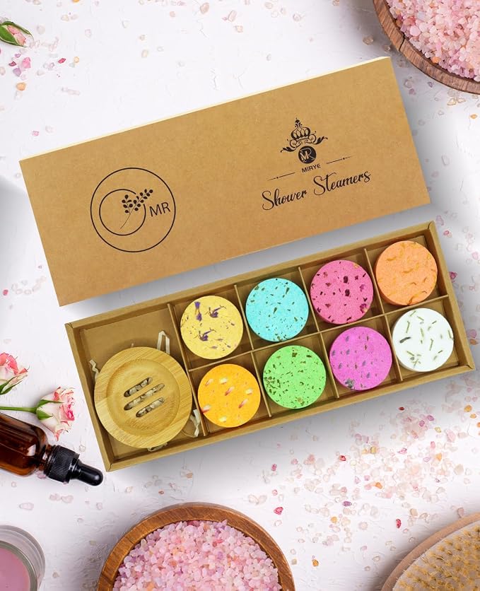 Shower Steamers Aromatherapy - 8 Pack Organic Shower Bombs with Shower Steamer Tray/Holder, Self Care Natural Essential Oil, Stress Relief Shower Bombs, Fathers Spa Gifts for Men, Dad, Husband