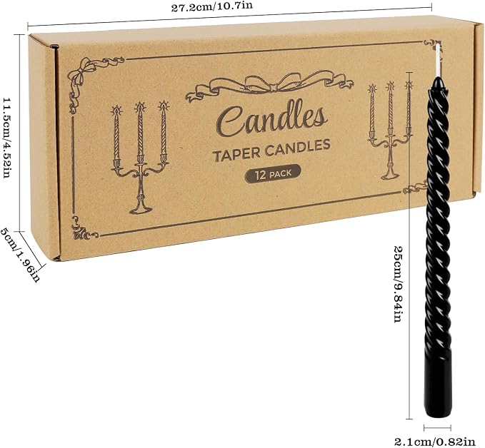 WPONSZU 10 Inch Black Spiral Taper Candle Set, 12 Pack Unscented Dripless Candlesticks for Halloween,Dinner,Party Brithday Wedding and Home Decoration