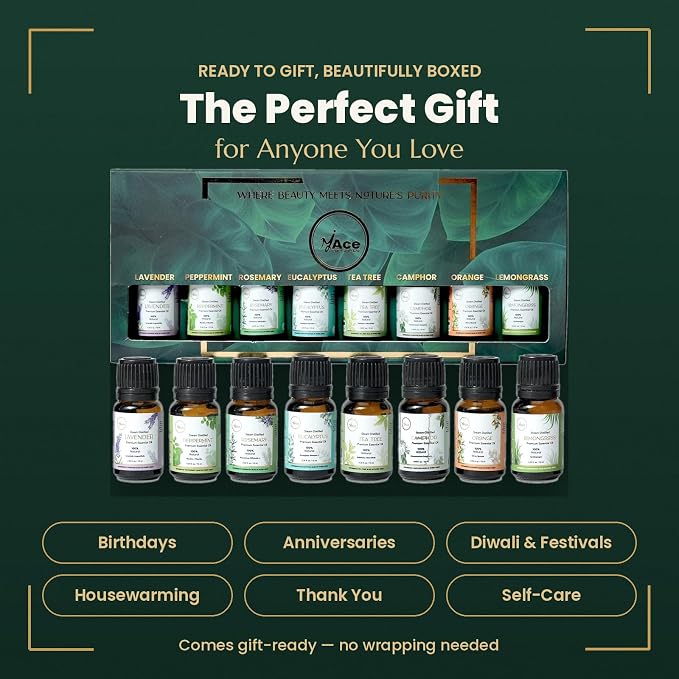 My Ace Essential Oils Aromatherapy Set of 8x0.33 Oz for Diffuser, Massage, Skin, Hair, Candle & Soap Making, Home - Peppermint, Lavender, Eucalyptus, Tea Tree, Rosemary, Camphor, Lemongrass, Orange