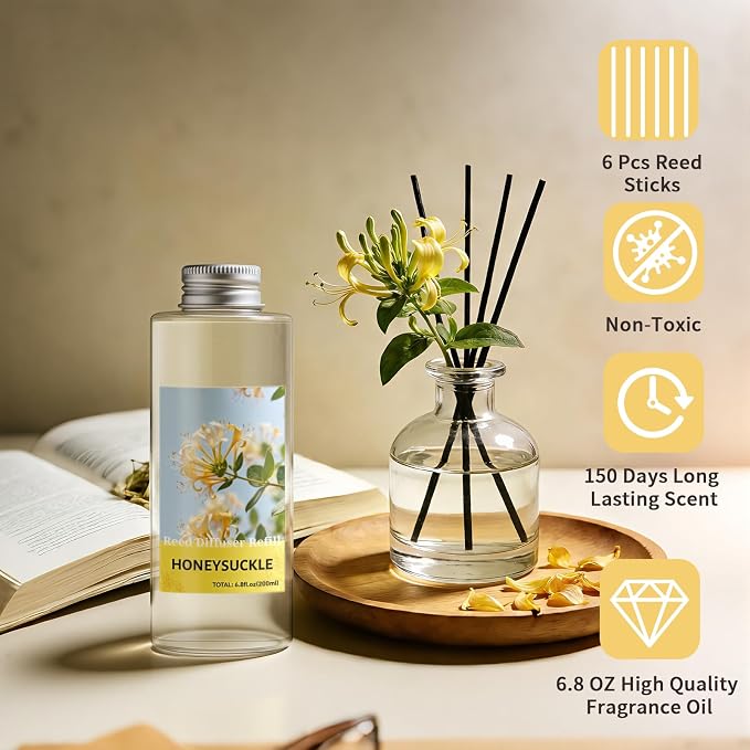 STRN Reed Diffuser Oil Refill, Honeysuckle Scented Diffuser Oil Refills with 6 Reed Sticks 200ML(6.8fl.oz), Room Fresheners for Home, Long-Lasting Summer Fragrance for Living Room, Bedroom, Office